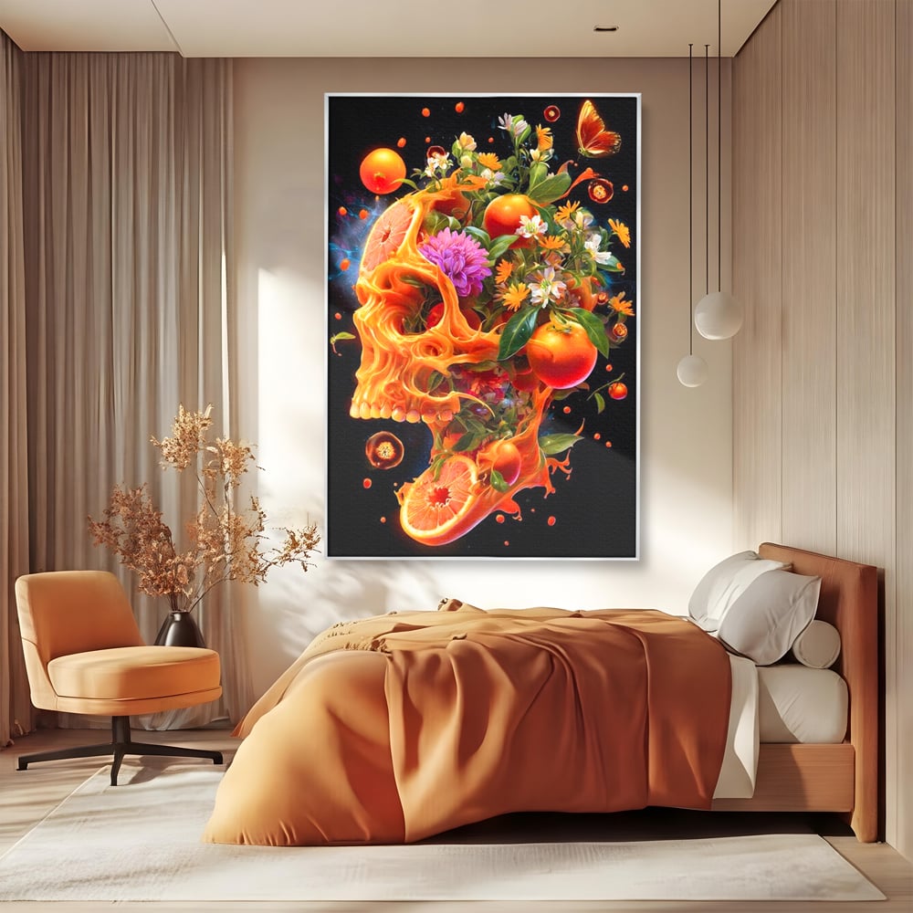Tablou canvas cu tablou canvas cu craniu din portocale, in rama de aluminiu argintiu, pe perete intr-un dormitor